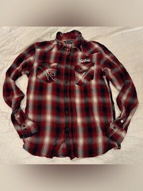 Vintage Norton Motorcycle Plaid Flannel Shirt Embroidered Rockers Unisex